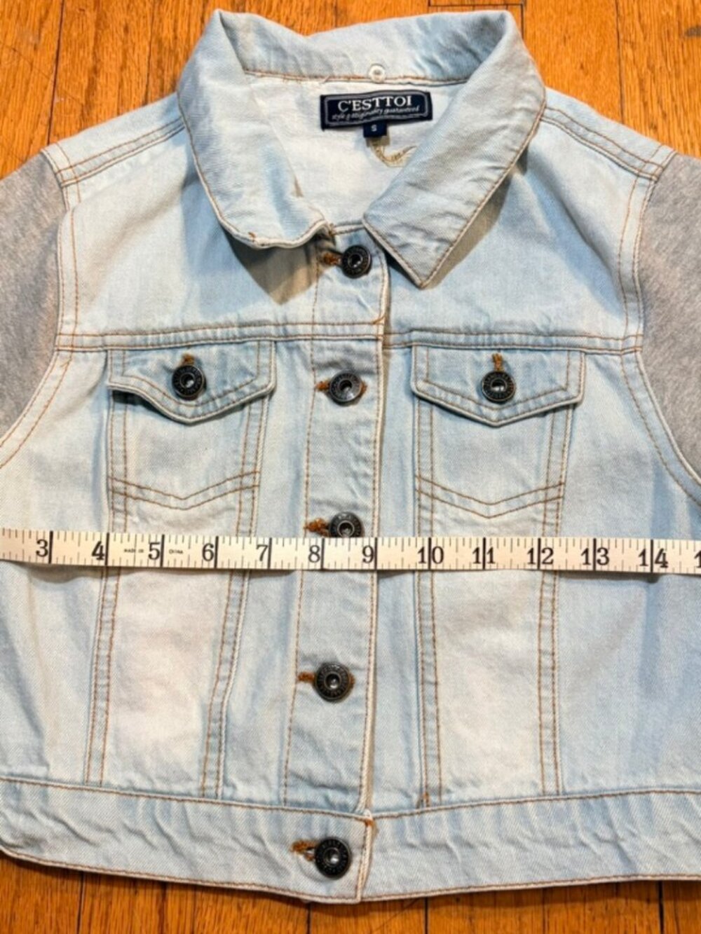 C’ESTTOI Cropped Denim Jacket Knit Sleeve Y2K Streetwear Small - Picture 7 of 11
